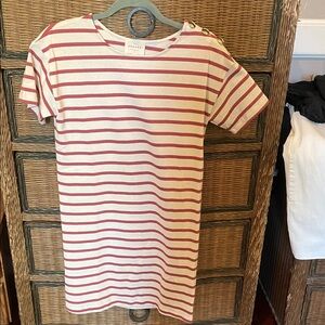Sezane Cream and Dusty Rose Striped Button-Shoulder Tee Dress